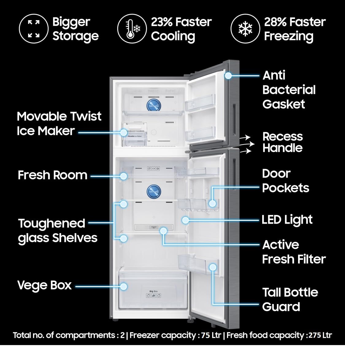 AI Smart Refrigerator - 50 L, 3 Star, Convertible 5-in-1, Digital Inverter, Frost Free Double Door, WiFi Enabled Bespoke AI Refrigerator (RT38DG5A4DS8HL, Elegant Inox, Silver) Hover